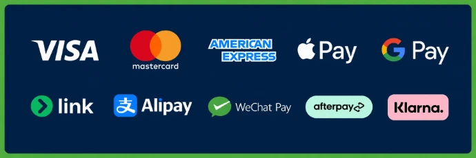 accepted payment methods: Visa, Mastercard, Amex, Alipay and WeChat Pay via Stripe