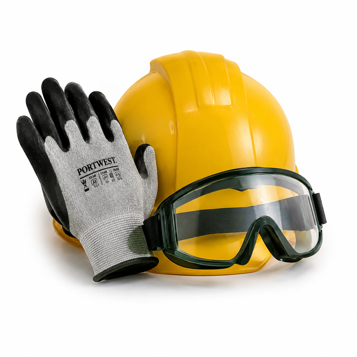 Safety gloves, hard hat and safety glasses PPE gear