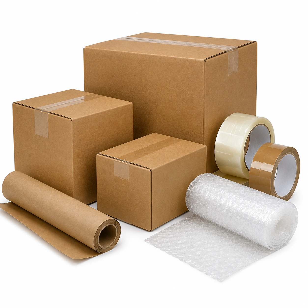 Cardboard boxes, paper wrap and packing tape
