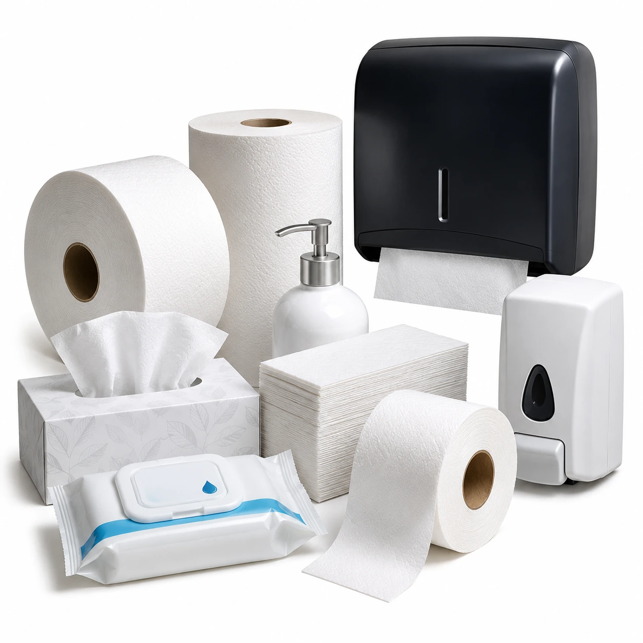 Paper towels, toilet rolls and dispensers