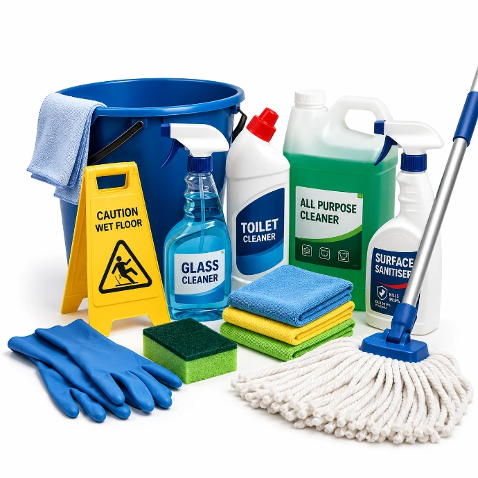 Mop, bucket, gloves and cleaning sprays