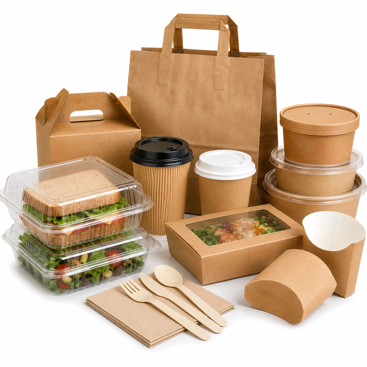 Takeaway cups, paper bags and food containers