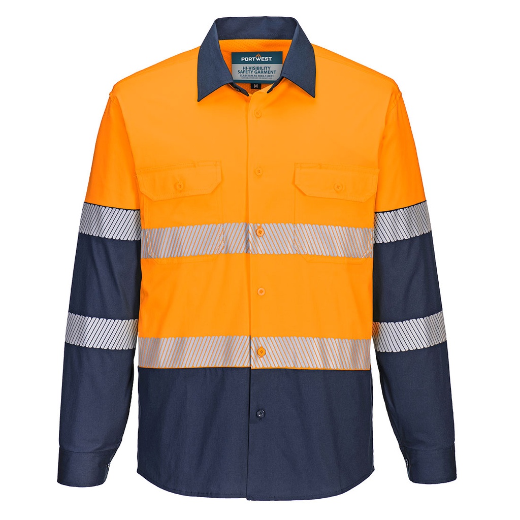[MS105ONRS] Hi-Vis Stretch Contrast Shirt L/S (Orange/Navy, S)