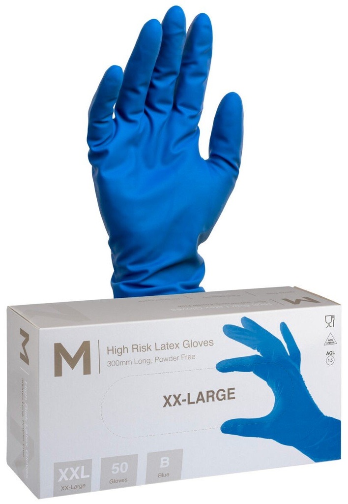High Risk Latex Examination Gloves Powder Free - Cobalt Blue, 300mm Cuff, 18.5g