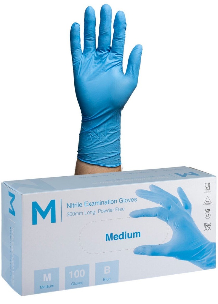 Nitrile Long Cuff Examination Gloves Powder Free - Blue, 300mm Cuff, 6.5g