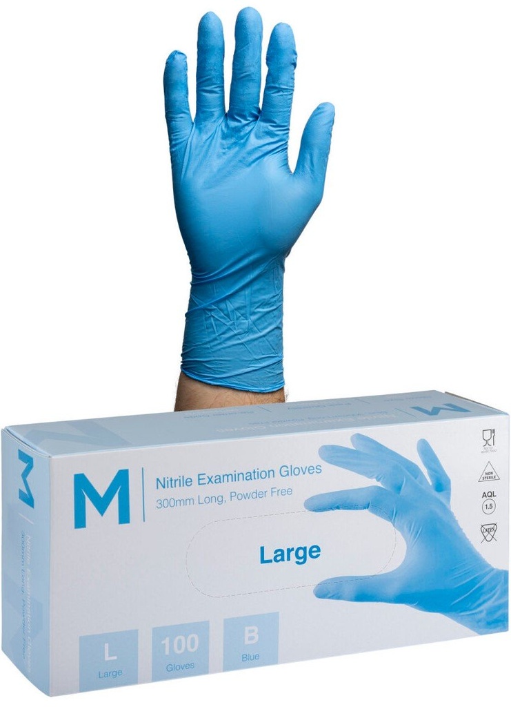 Nitrile Long Cuff Examination Gloves Powder Free - Blue, 300mm Cuff, 6.5g