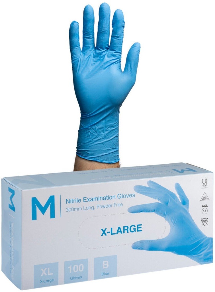 Nitrile Long Cuff Examination Gloves Powder Free - Blue, 300mm Cuff, 6.5g
