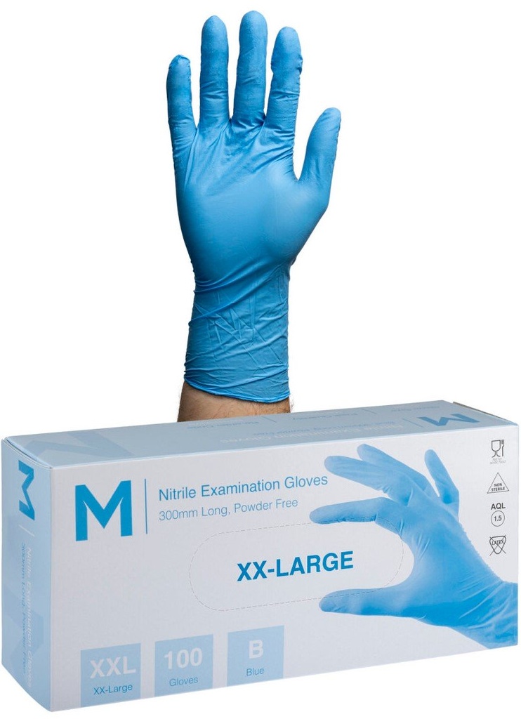 Nitrile Long Cuff Examination Gloves Powder Free - Blue, 300mm Cuff, 6.5g