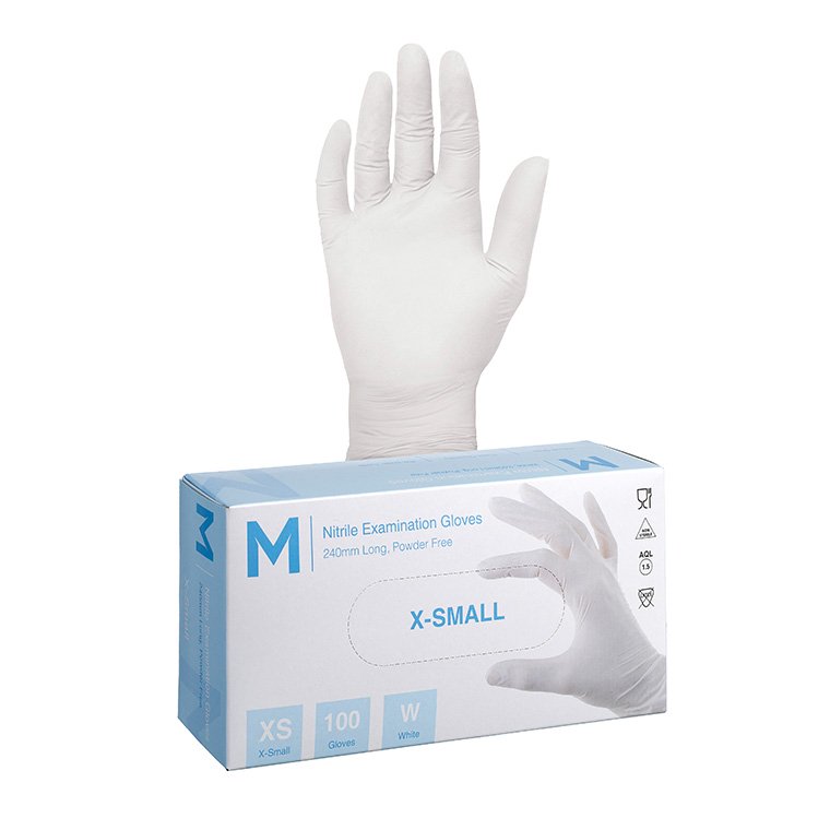 [MPH29290] Nitrile Examination Gloves Powder Free - White, 240mm Cuff, 4.0g (XS)