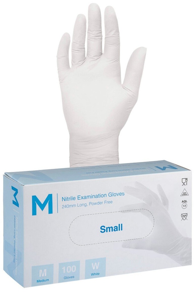 Nitrile Examination Gloves Powder Free - White, 240mm Cuff, 4.0g