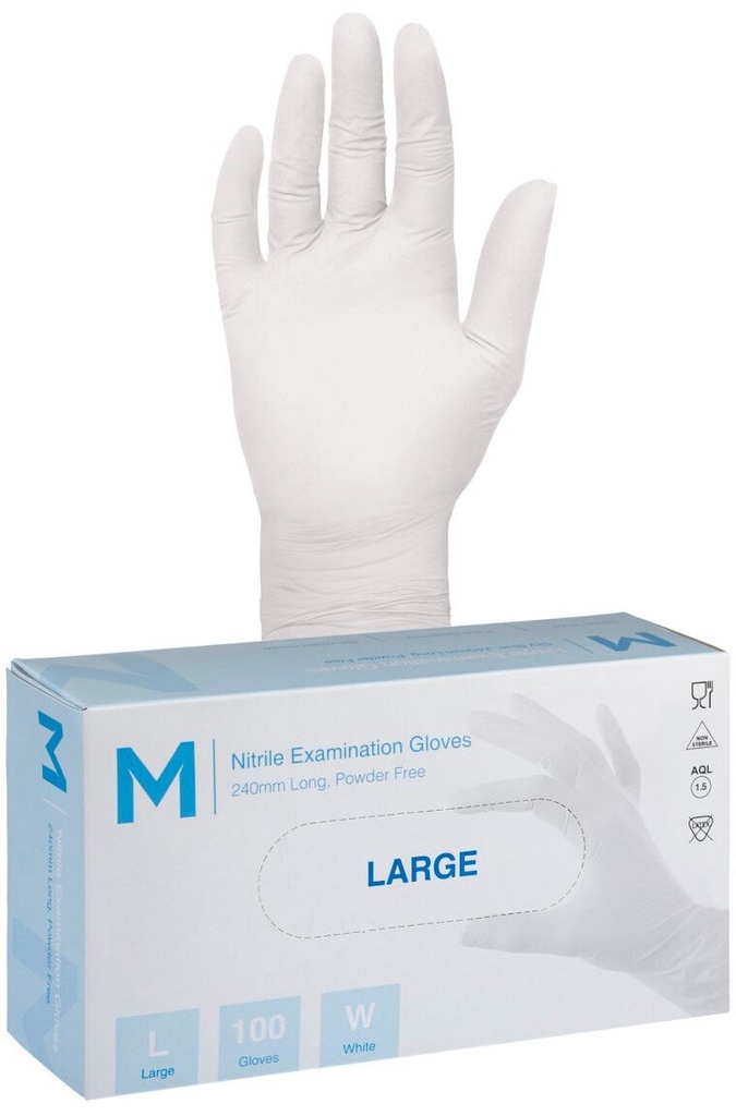 Nitrile Examination Gloves Powder Free - White, 240mm Cuff, 4.0g