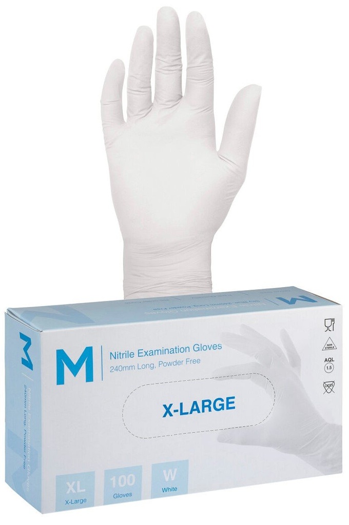 Nitrile Examination Gloves Powder Free - White, 240mm Cuff, 4.0g