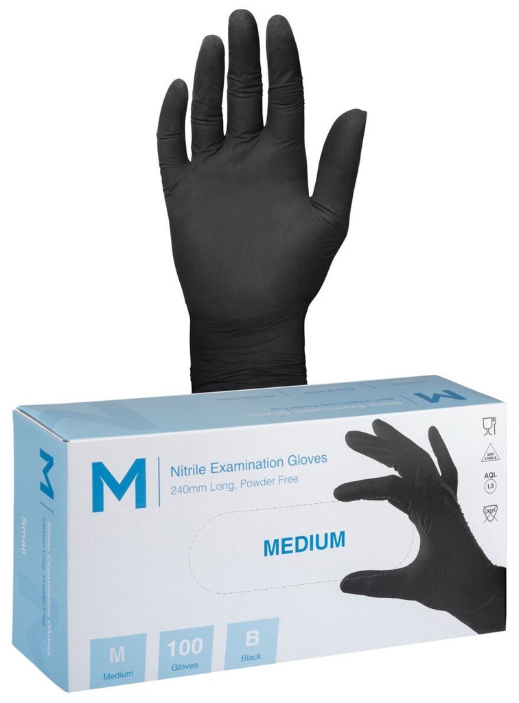 Nitrile Examination Gloves Powder Free - Black, 240mm Cuff, 7.0g