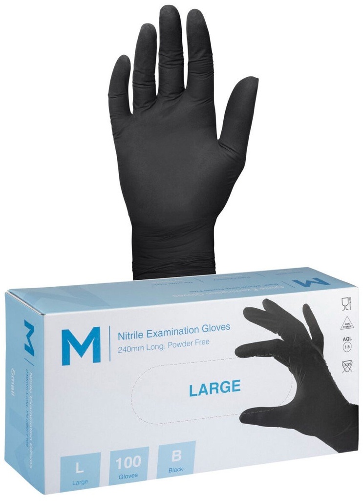 Nitrile Examination Gloves Powder Free - Black, 240mm Cuff, 7.0g