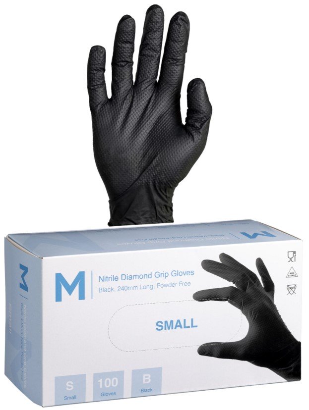 Nitrile Diamond Grip Gloves Powder Free - Black, 240mm Cuff, 9.0g