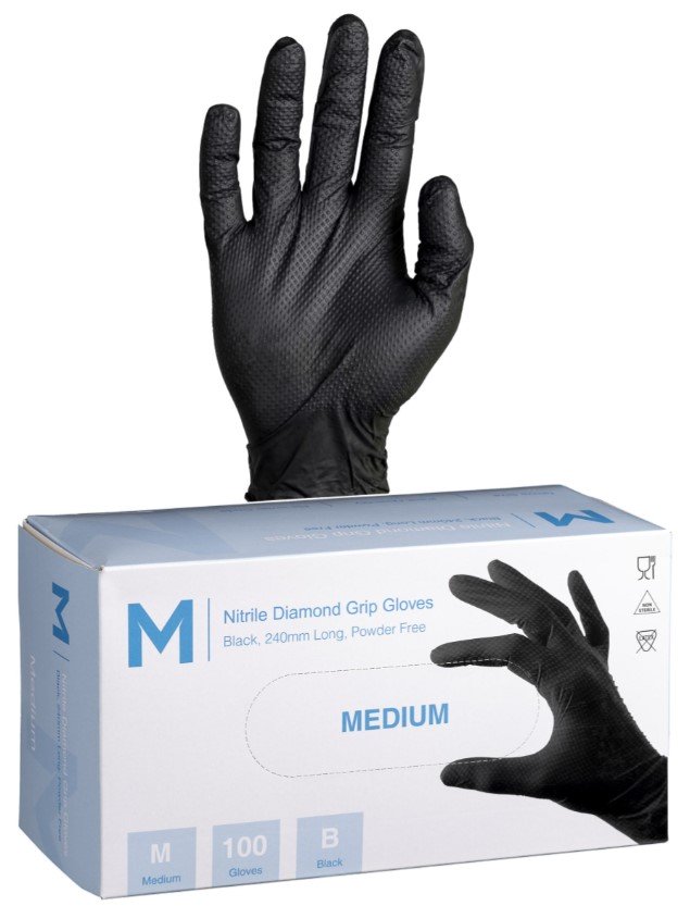 Nitrile Diamond Grip Gloves Powder Free - Black, 240mm Cuff, 9.0g