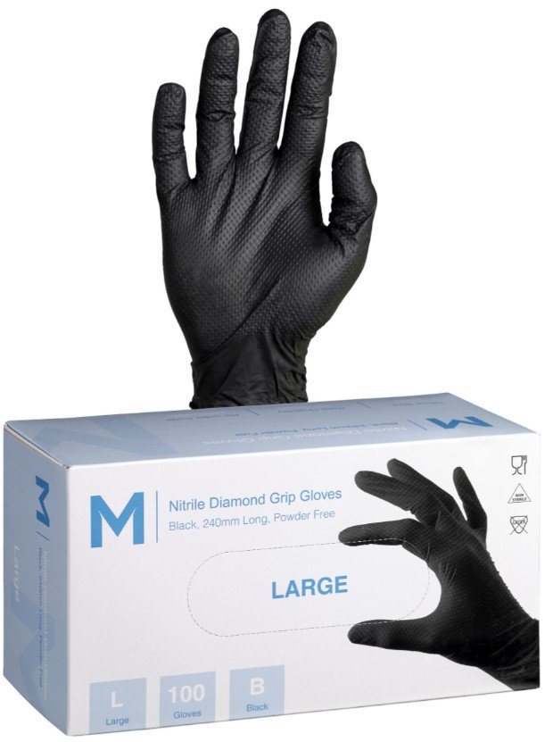 Nitrile Diamond Grip Gloves Powder Free - Black, 240mm Cuff, 9.0g