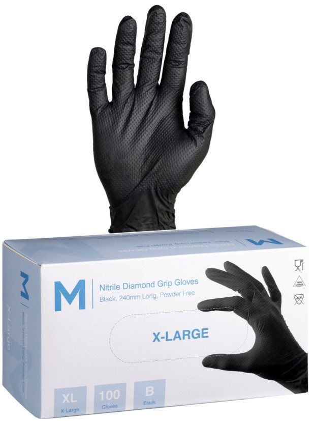 Nitrile Diamond Grip Gloves Powder Free - Black, 240mm Cuff, 9.0g