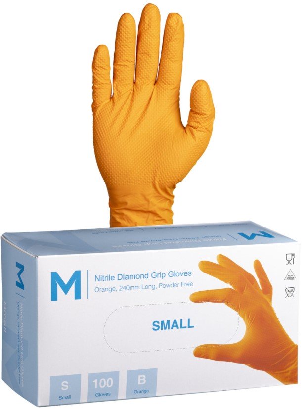 Nitrile Diamond Grip Gloves Powder Free - Orange, 240mm Cuff, 9.0g