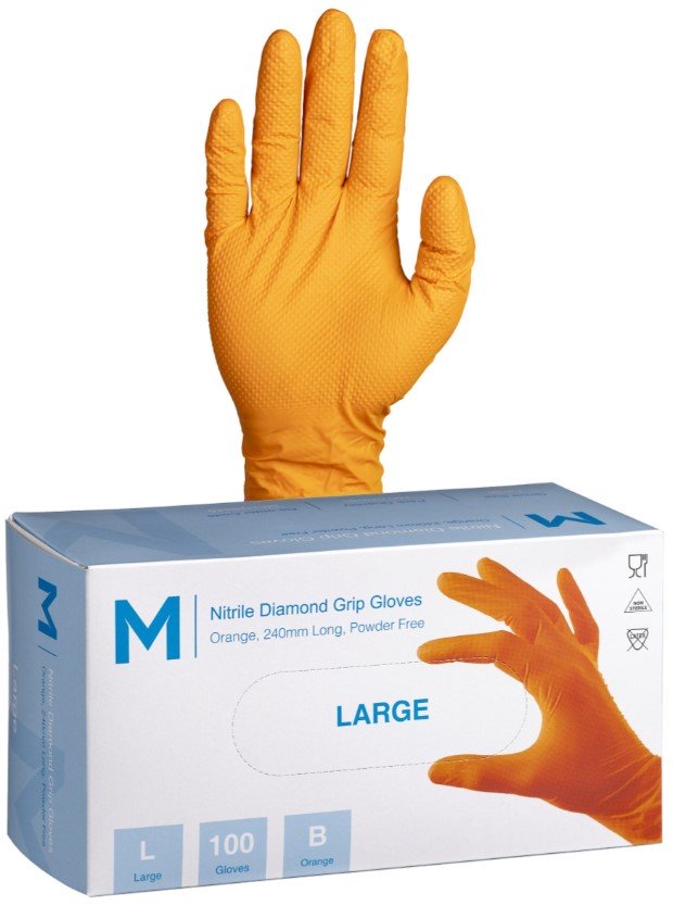 Nitrile Diamond Grip Gloves Powder Free - Orange, 240mm Cuff, 9.0g