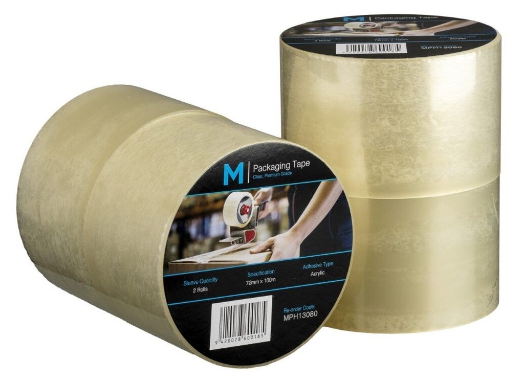 Premium Acrylic Packaging Tape - Clear, 72mm x 100m x 55mu (Box of 24 Rolls)