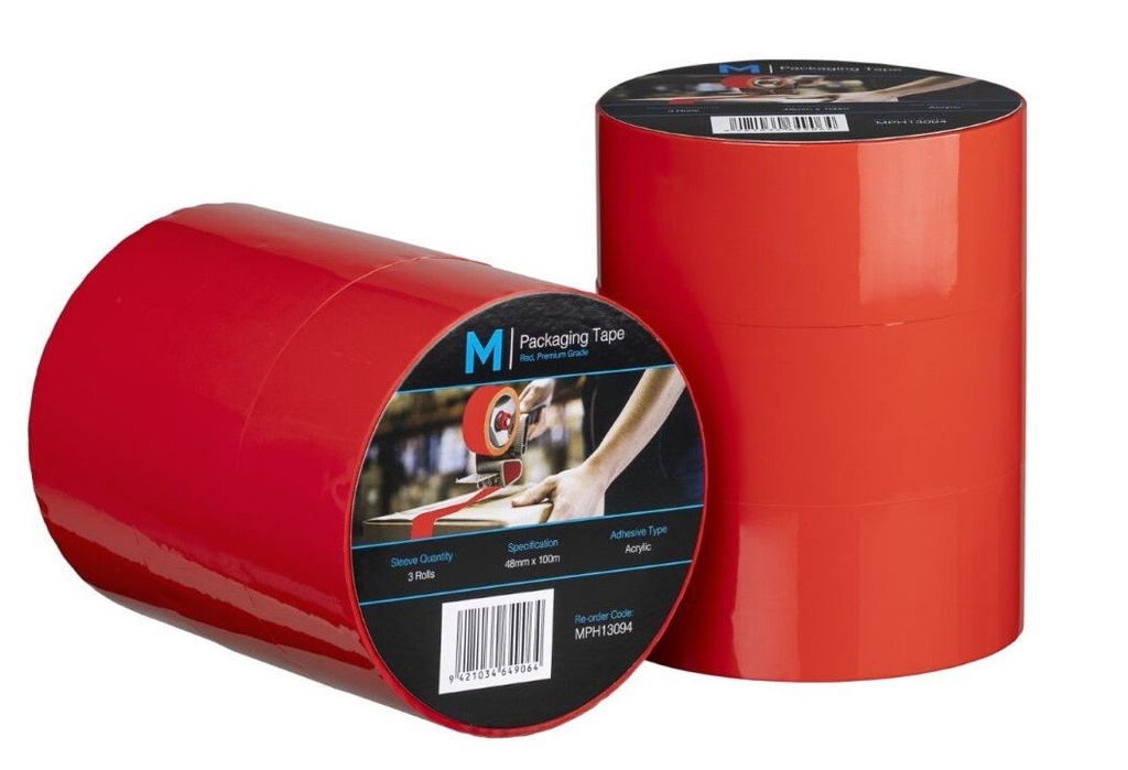 Premium Acrylic Packaging Tape - Red, 48mm x 100m x 55mu (1x Roll)