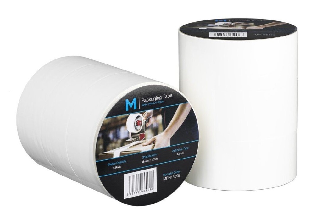 Premium Acrylic Packaging Tape - White, 48mm x 100m x 55mu (1x Roll)