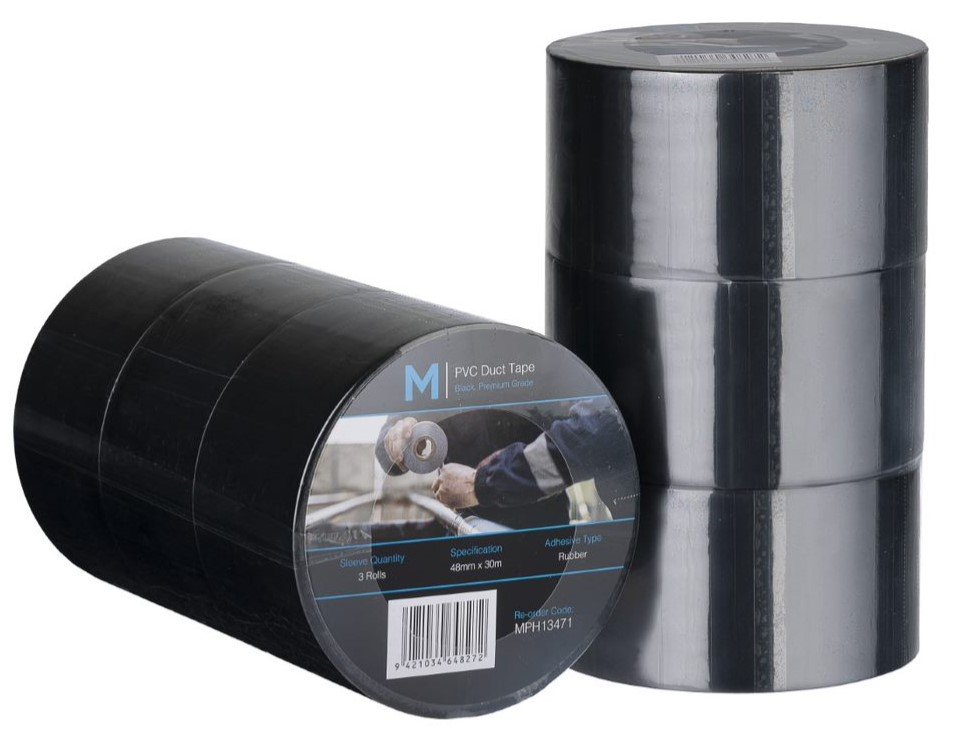 PVC Utility Duct Tape - Black, 48mm x 30m x 150mu (1x Roll)