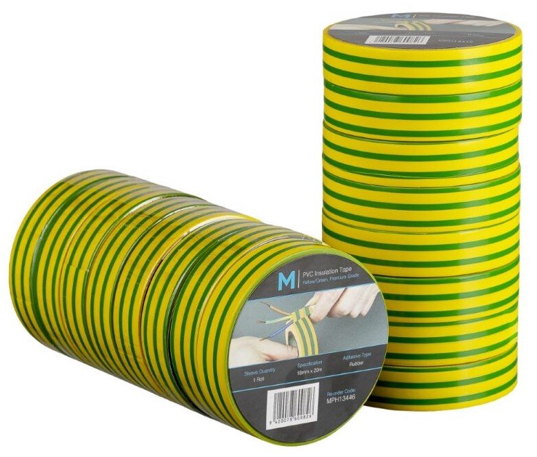 PVC Electrical Insulation Tape - Yellow/Green, 18mm x 20m x 180mu (1x Roll)