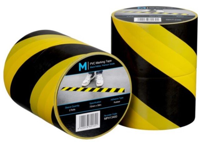 PVC Floor Marking Tape - Yellow/Black, 72mm x 33m x 150mu (1x Roll)