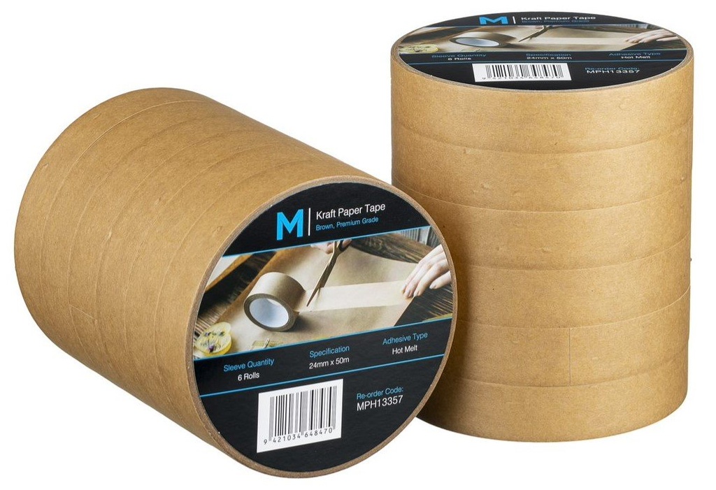 [MPH13357] Kraft Paper Packaging Tape - Tan, 24mm x 50m x 125mu (Box of 72 Rolls)