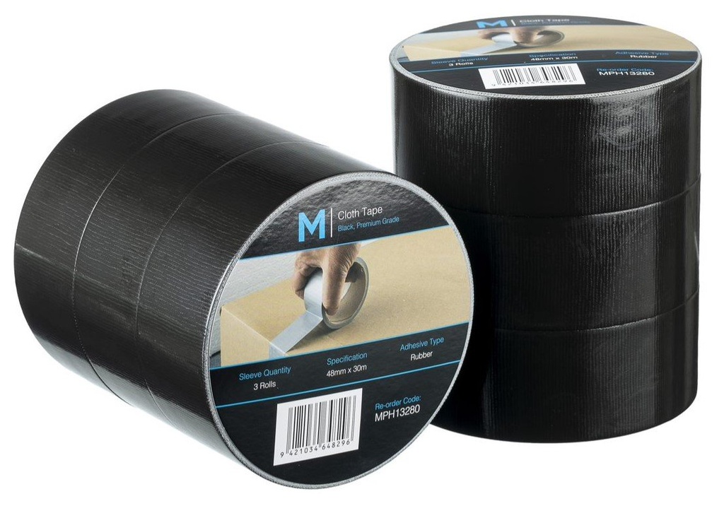 Premium Cloth Tape - Black, 48mm x 30m x 250mu (Box of 36 Rolls)