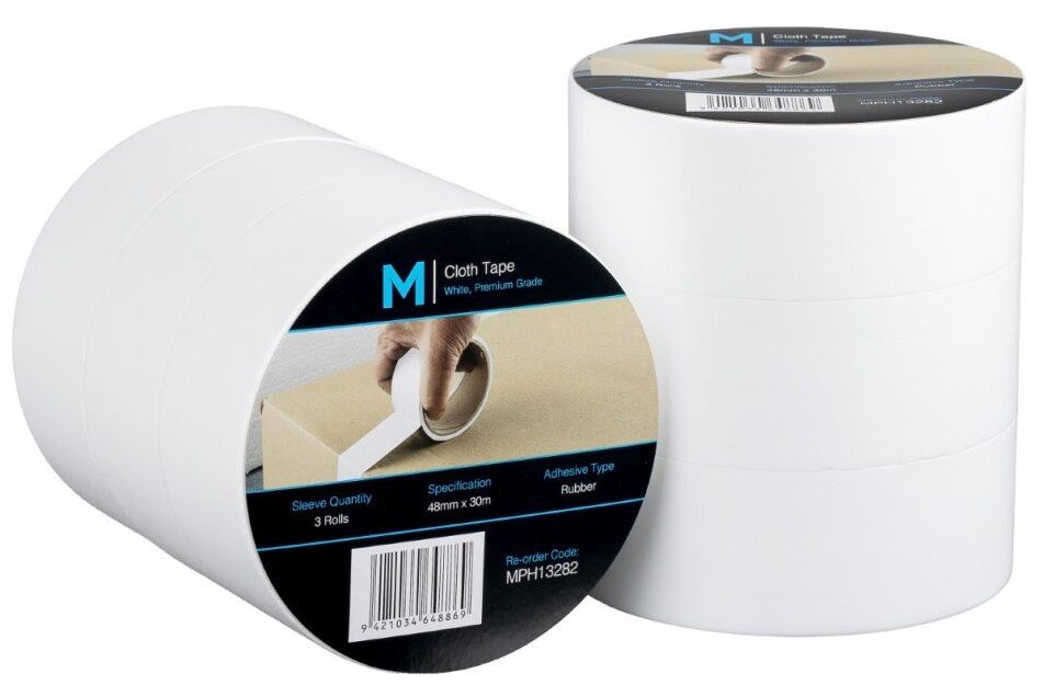 Premium Cloth Tape - White, 48mm x 30m x 250mu (Box of 36 Rolls)