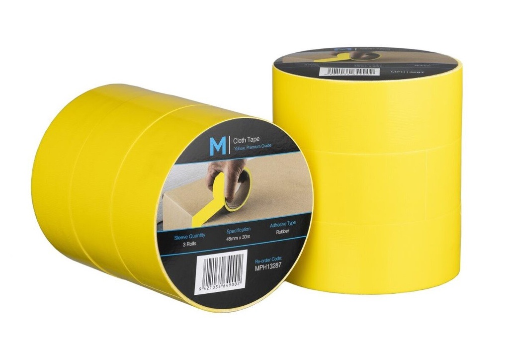 Premium Cloth Tape - Yellow, 48mm x 30m x 250mu (Box of 36 Rolls)