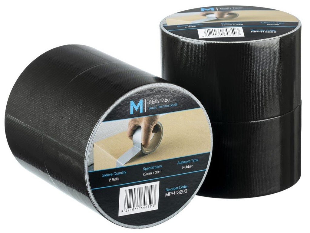 Premium Cloth Tape - Black, 72mm x 30m x 250mu (Box of 24 Rolls)