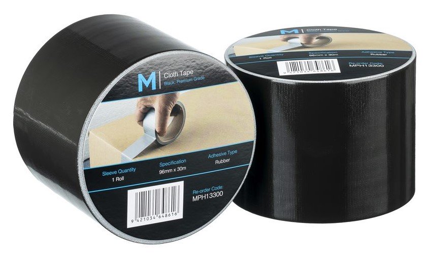 Premium Cloth Tape - Black, 96mm x 30m x 250mu (Box of 12 Rolls)