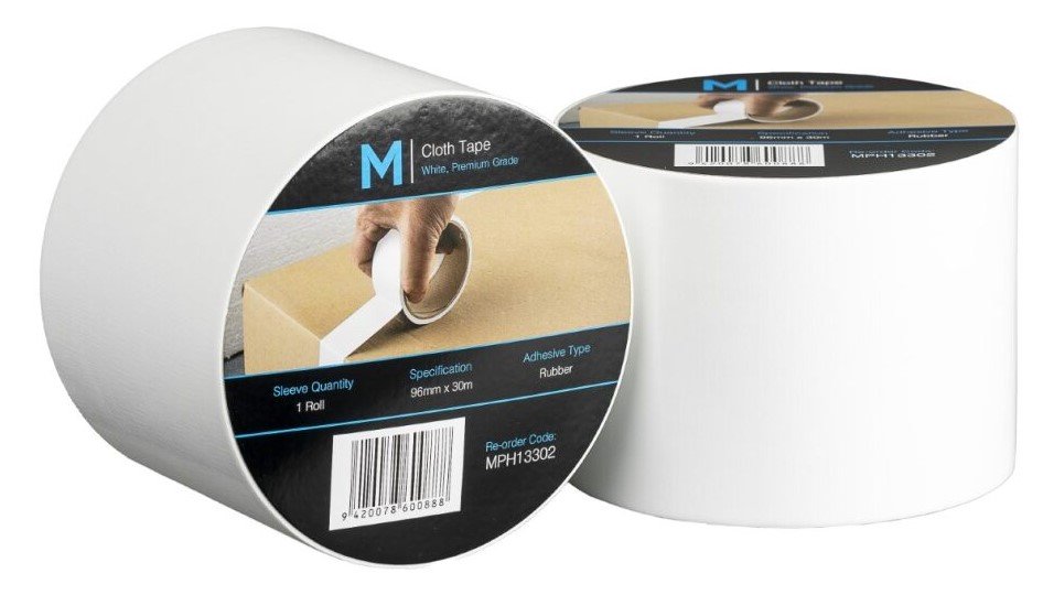 Premium Cloth Tape - White, 96mm x 30m x 250mu (Box of 12 Rolls)