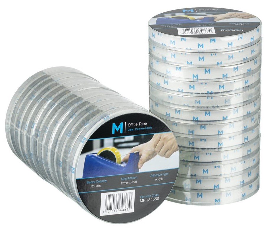 Acrylic Office Tape - Clear, 12mm x 66m x 45mu, 76.2mm Core *Large Core (1x Roll)