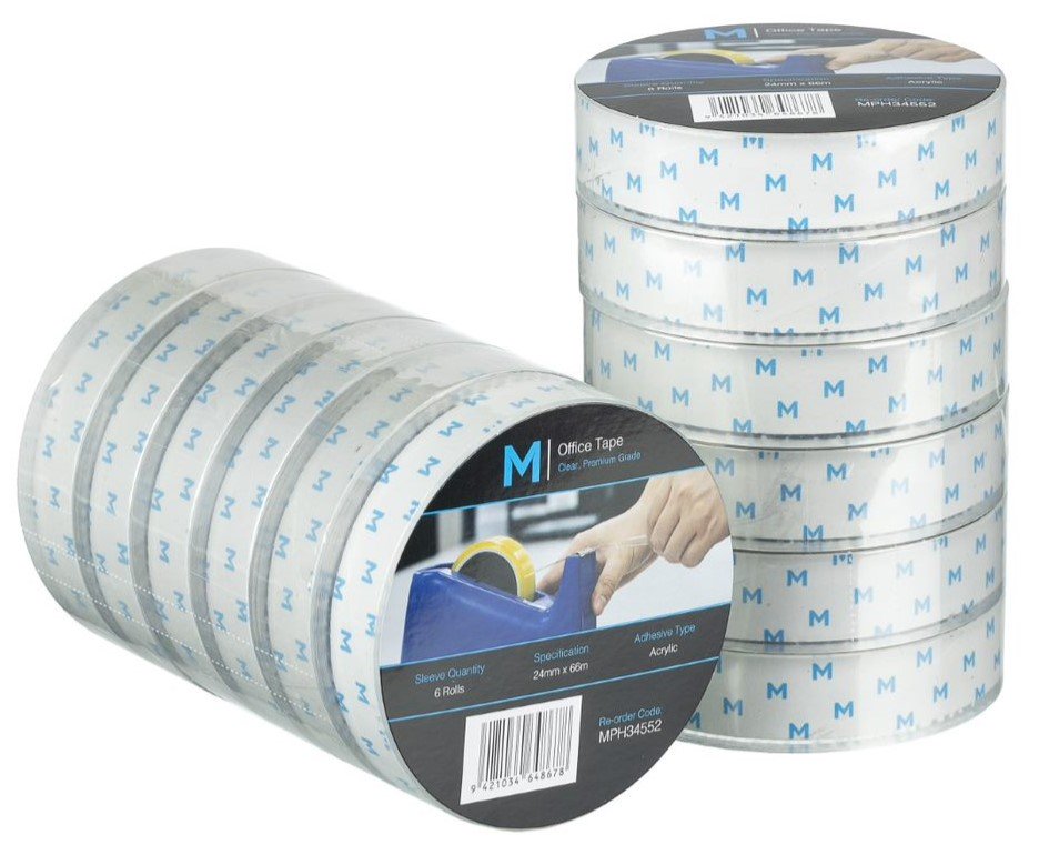 Acrylic Office Tape - Clear, 24mm x 66m x 45mu, 76.2mm Core *Large Core (1x Roll)