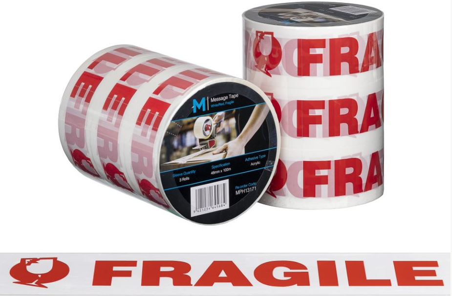 Message Tape Fragile - White/Red, 48mm x 100m x 50mu (1x Roll)