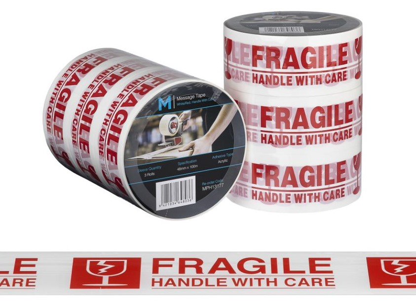 Message Tape Handle With Care - White/Red, 48mm x 100m x 50mu (1x Roll)