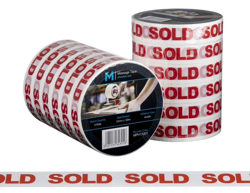 Message Tape Sold - White/Red, 24mm x 100m x 50mu (1x Roll)