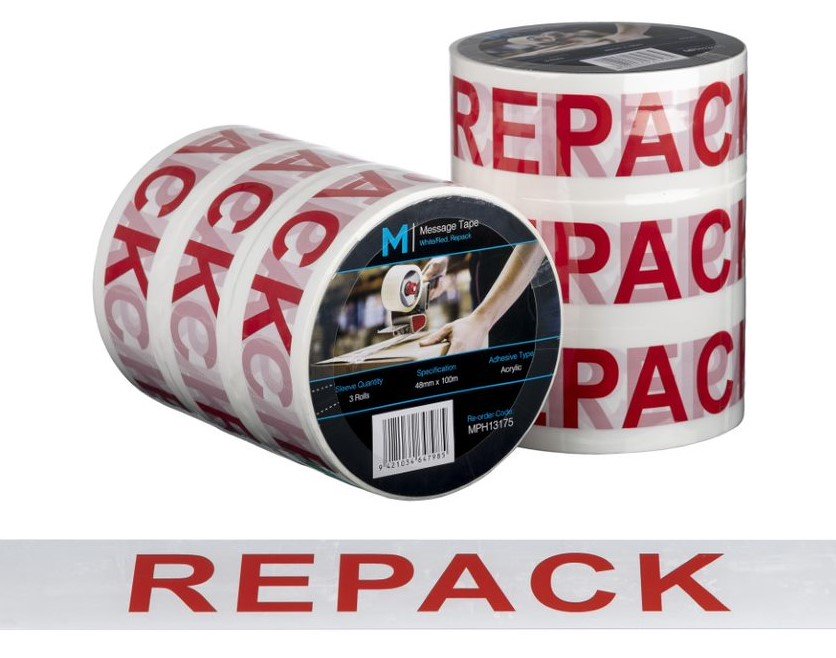 Message Tape Repack - White/Red, 48mm x 100m x 50mu (1x Roll)