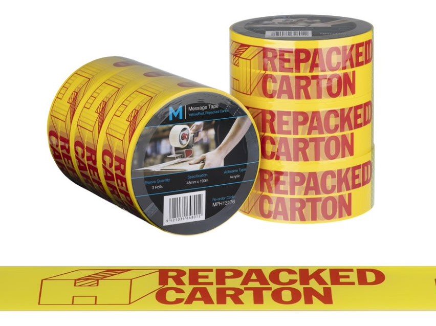 Message Tape Repacked Carton - Yellow/Red, 48mm x 100m x 50mu (1x Roll)