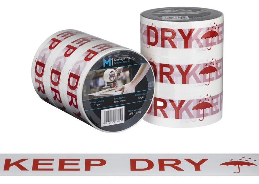 Message Tape Keep Dry - White/Red, 48mm x 100m x 50mu (1x Roll)