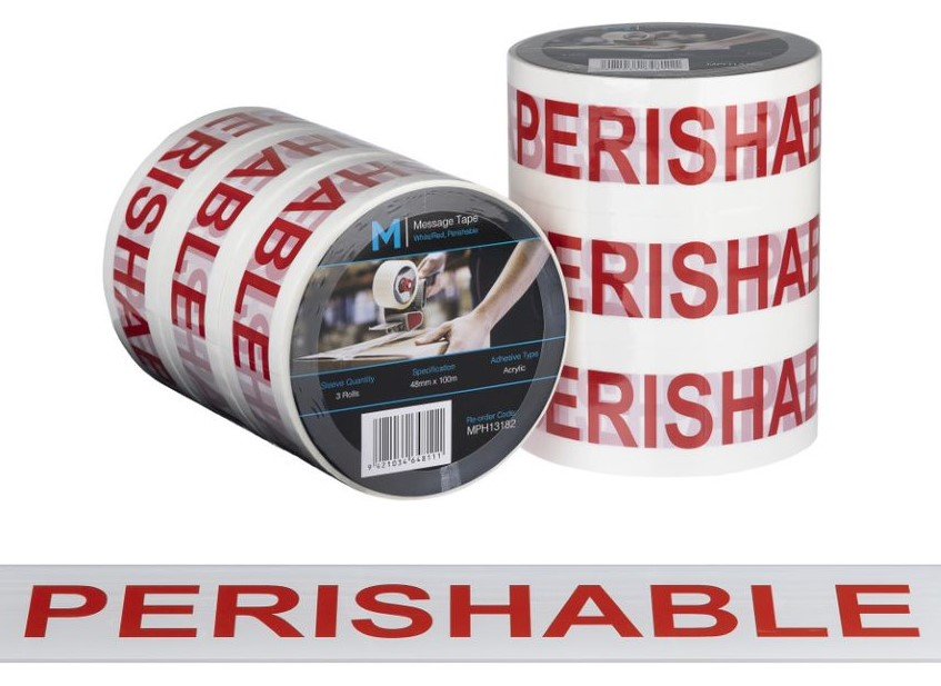 [MPH13182] Message Tape Perishable - White/Red, 48mm x 100m x 50mu (Roll)