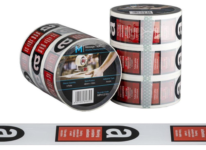 [MPH13191] Message Tape Warning Asbestos - White/Red/Black, 48mm x 100m x 50mu (Roll)