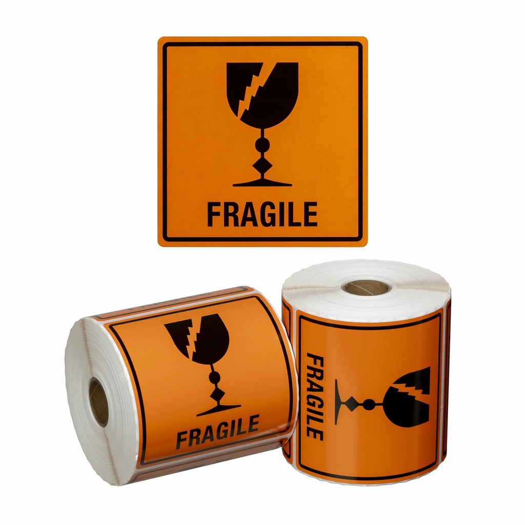 [MPH15010] Handling Label Fragile - Orange/Black, 99mm x 99mm (Roll)