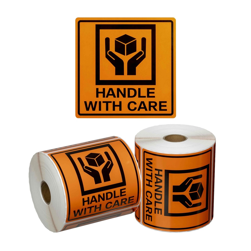 [MPH15030] Handling Label Handle With Care - Orange/Black, 99mm x 99mm (Roll)