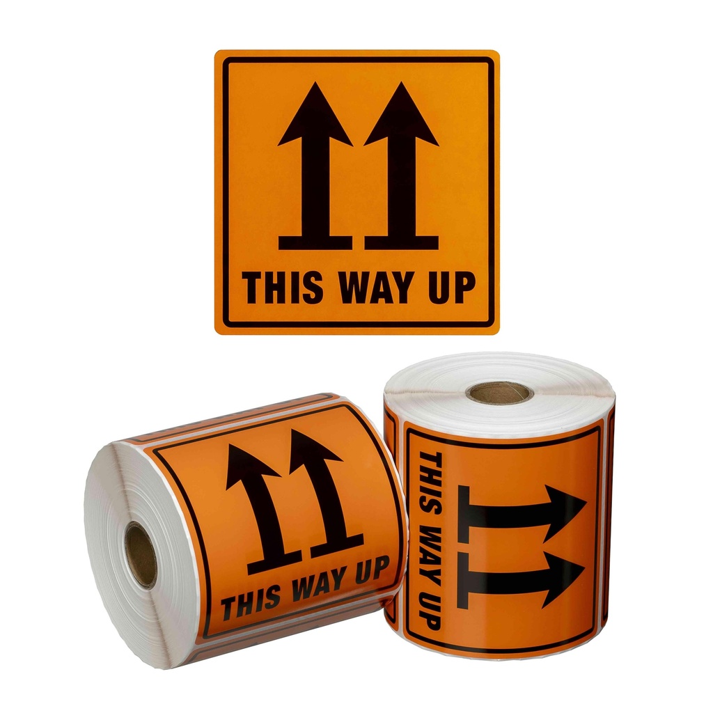 [MPH15000] Handling Label This Way Up - Orange/Black, 99mm x 99mm (Roll)